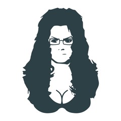 Face front view. Elegant silhouette of a woman wearing spectacles. Long curly hair.