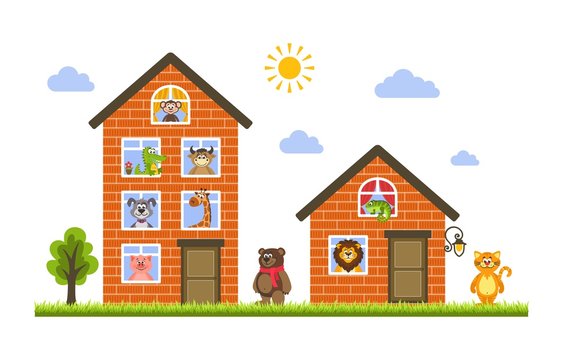 Two houses in which live animals: monkey, crocodile, cow, dog, giraffe, bear, cat, lion, iguana and pig. Zoo theme. Flat style. Vector illustration for kids on a white background.
