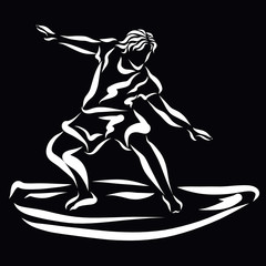 Man on surfboard, sport, sketch on black background, action
