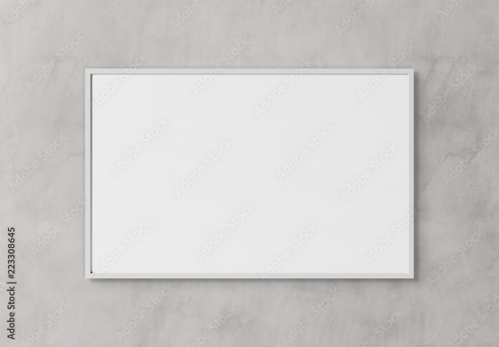 Poster White rectangular horizontal frame hanging on a white wall mockup 3D rendering