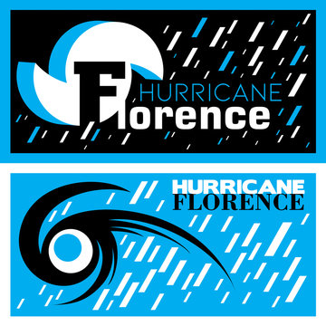 Two abstract vector mnemonic designs with rain and thunderstorm symbols of Hurricane Florence in blue and black color schemes