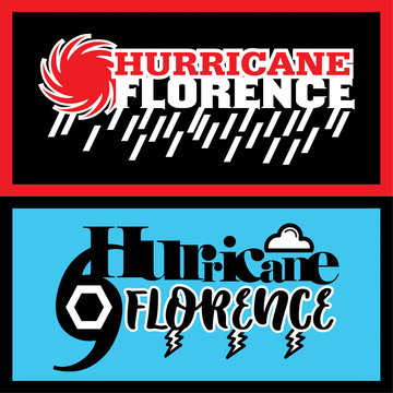 Two abstract vector mnemonic designs with rain and thunderstorm symbols of Hurricane Florence in red and blue color schemes