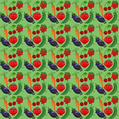 Green background with funny berries and vegetables, with faces and emotions