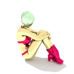Illustration of a woman sitting on the floor. Pretty lady wearing magenta lingerie and boots. Loneliness concept. Side view. 3D rendering.