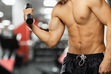 Fototapeta na wymiar Torso shot of a young man lifting dumbbells. Fit young man exercising with dumbbells on gym background