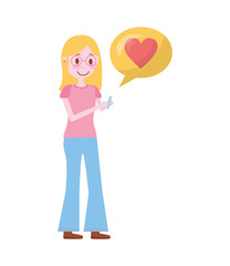 young woman with smartphone and speech bubble