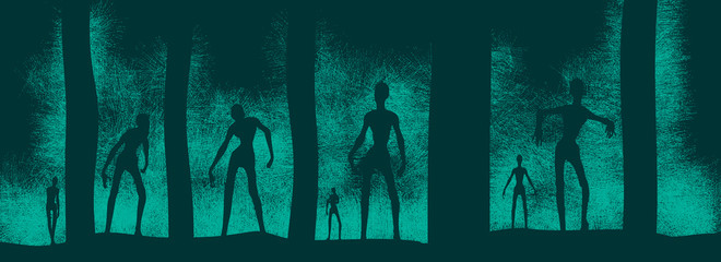 Zombie silhouettes in dark forest. Halloween theme background. Grain noise effect