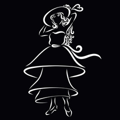 Beautiful posing lady in a long retro dress with wavy hair and in a summer hat