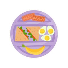 Round purple lunch box with sandwiches, boiled eggs, banana and chocolate desserts. Appetizing meal. Flat vector icon
