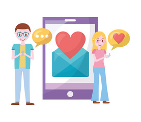 young couple with smartphone and set icons