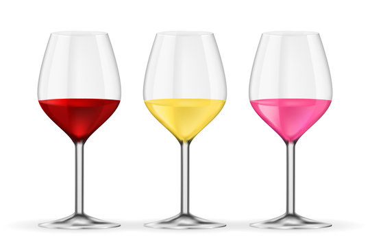 Glass of wine. Red, white and rose wine. Vector 3d illustration isolated on white background