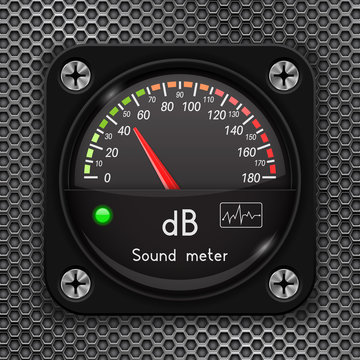 Volume unit meter. Decibel gauge. Sound audio equipment on metal perforated background