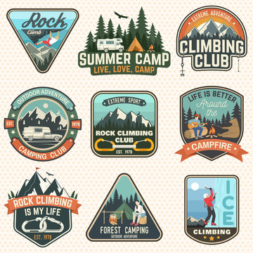 Set of Rock Climbing club and summer camp badges. Vector.