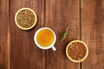 An overhead photo of tea, on a dark rustic background with copy space