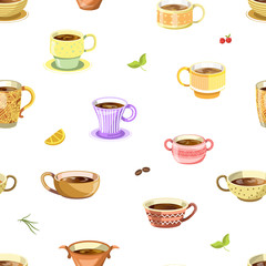 Coffee or tea poured in cup seamless pattern vector