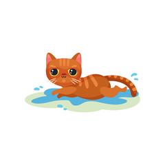 Naughty kitten lying in a puddle on the floor, mischievous cute little cat vector Illustration on a white background