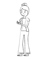 young woman standing character using mobile device