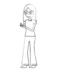 young woman standing character using mobile device