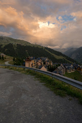 Houses in a mountain village at sunset, Valle de Aran