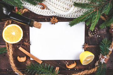 Ingredients for the preparation of hot mulled wine. Frame for text, copy space. Top view. Flat lay....
