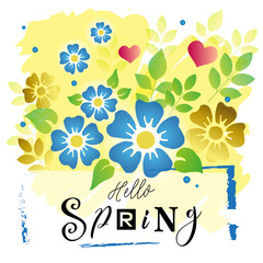 Vector illustration with lettering of Hello spring with different letters on colorful background with blue and golden flowers and leaves on yellow for decoration,greeting card,poster, banner,calendar