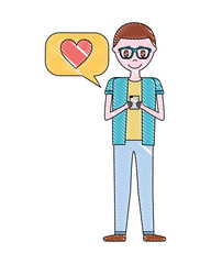 young man with glasses using mobile love