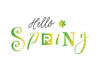  Lettering of Hello spring with different letters in green yellow gradient and flower on white background for decoration, greeting card, poster, banner, decor, advertising, sticker