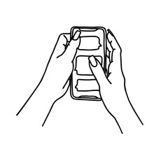 Hands with long nails holding smartphone. Woman texting sketch. Girl sends messages. Vector illustration.
