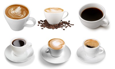 Various cups with hot coffee