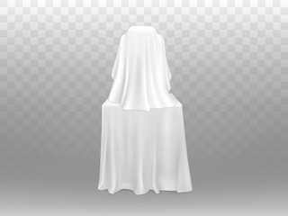 Vector 3d realistic exhibition concept - exposition under white clothing isolated on transparent background. Object on podium for gallery, museum. Cotton tablecloth covered pedestal.