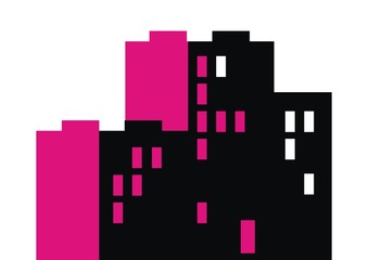 Naklejka premium Town, black and purple silhouette of houses, vector icon