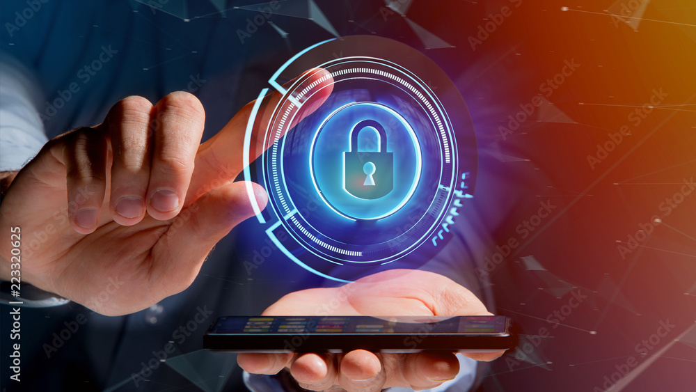 Poster businessman using a smartphone with a shinny technologic locker security button - 3d render