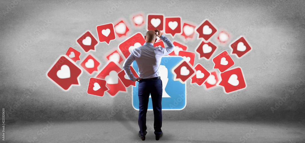 Aufkleber businessman in front of a colorfull social network teamwork with icon 3d rendering
