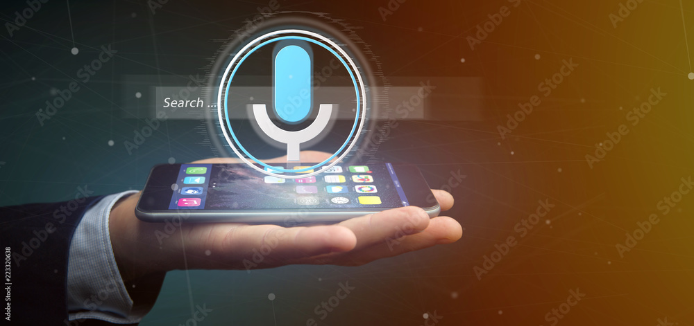 Poster businessman holding a vocal search system with button and icon3d rendering