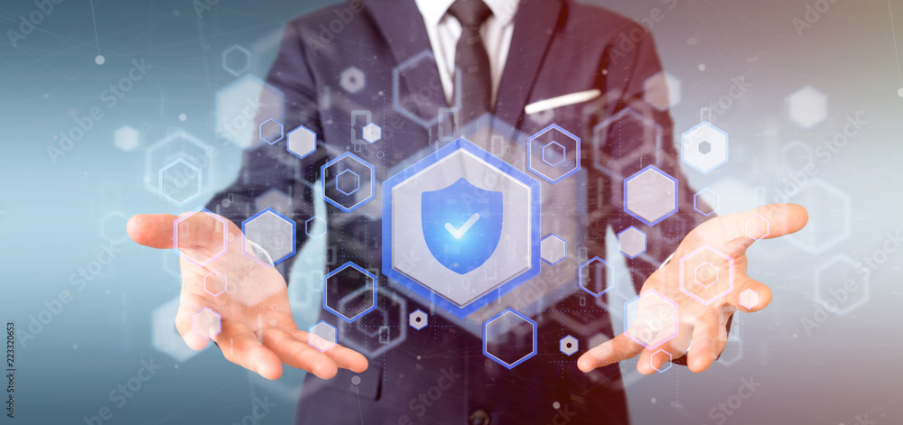 Poster man holding a shield web security concept 3d rendering