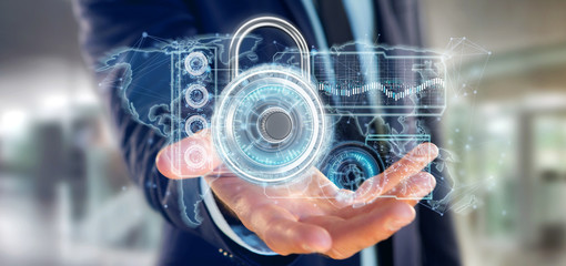 Man holding a padlock security technology interface 3d rendering