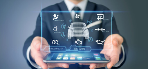 Man holding a Dashboard smartcar interface dashboard 3d rendering