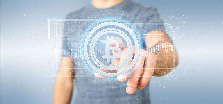 Man holding a technology Bitcoin icon on a circle 3d rendering