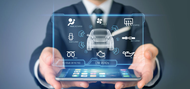 Man holding a Dashboard smartcar interface dashboard 3d rendering