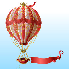 Fototapeta premium Vector realistic hot air balloon with vintage decor, crown, flying on blue sky with blank red ribbon for message. Aerostat with basket for royal travels. Template for poster, advertising banner, card