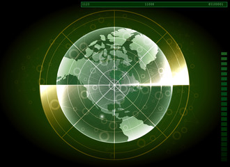 Green Radar Screen and World Map.Navigation system design.