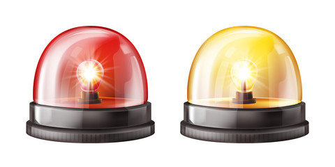 Siren lights vector illustration of red and yellow alarm lamps or police and ambulance emergency flashers. Isolated realistic 3D alert beacons set on white transparent background