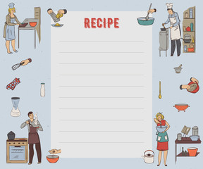 Recipe card. Cookbook page. Design template with people preparing meals, kitchen utensils and appliances. Set for restaurant, cafe, bakery and fast food. Vector illustration in sketch style