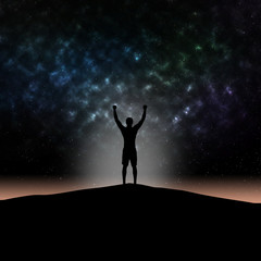 Man silhouette hands up at mountain on star light background.