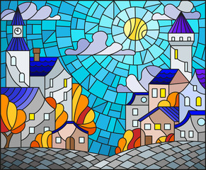 Illustration in stained glass style, urban autumn landscape,roofs and trees against the day sky and sun