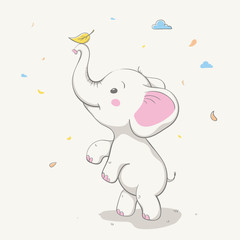 Lovely cute elephant playing with yellow leaf. Card with cartoon animal.