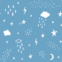 Fototapeta na wymiar Hand drawn abstract seamless pattern. Rain, stars, clouds, lightning, space background