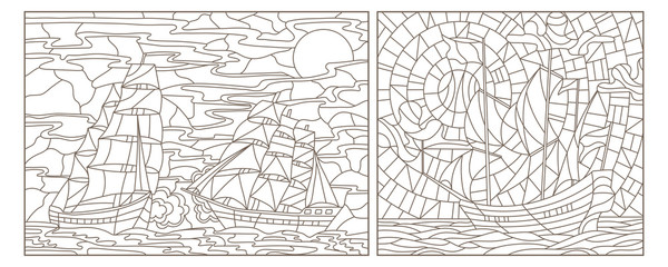 A set of contour illustrations of stained glass Windows with seascapes, ships against the sea and sky, dark contours on a white background