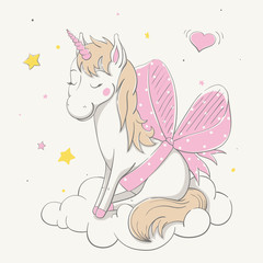 Lovely cute unicorn with a bow-knot in polka dots sits on white cloud. Love cartoon animal.