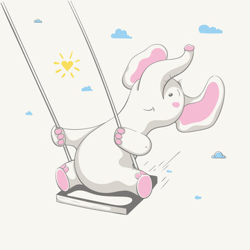 Lovely Cute Cheerful Elephant Swings On A Swing. Card With Cartoon Animal.